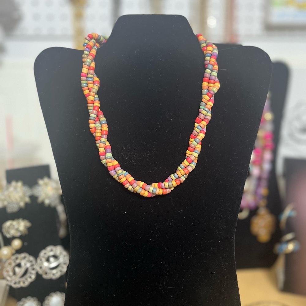 Colorful Wooded Beaded Boho Necklace Vintage